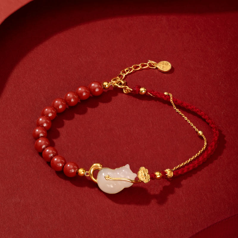 KarmaRipple's 925 Sterling Silver Plated 18K Gold Hetian Jade Ruyi Cat Cinnabar Fortune Bracelet Pendant Necklace Set p23