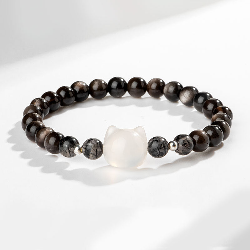 KarmaRipple's Authentic Silver Sheen Obsidian Cute Cat Head Protection Bracelet p13
