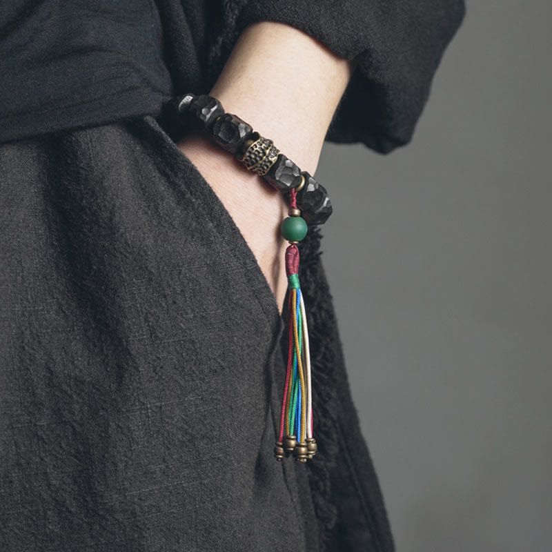 KarmaRipple's Tibet Ebony Wood Bronze Peace Tassel Wrist Mala Bracelet p2