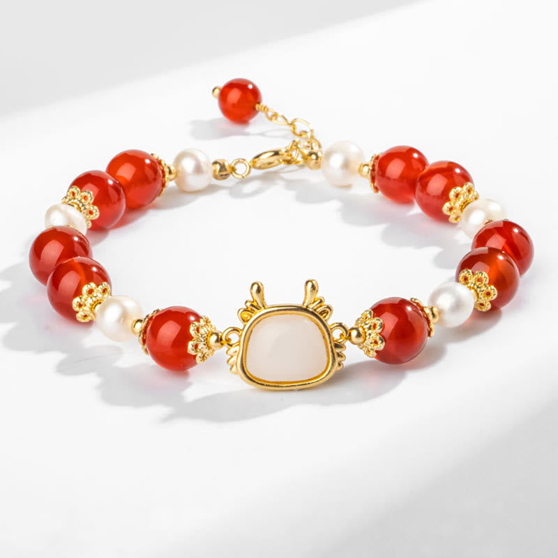 KarmaRipple's 14K Gold Plated Year Of The Dragon Authentic Red Agate Pearl Protection Fu Character Chain Bracelet ( p2