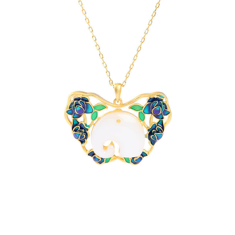 KarmaRipple's Ivory Jade Elephant Butterfly Lotus Success Pendant Chain Necklace p6