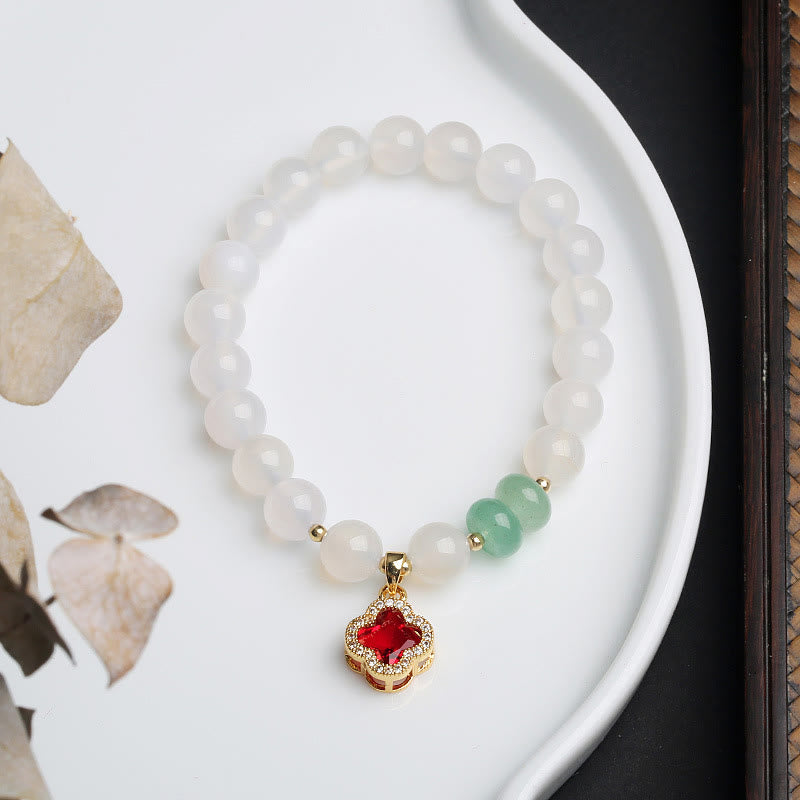 KarmaRipple's Authentic Ivory Agate Red Agate Money Bag Fu Character Four Leaf Clover Protection Bracelet p18