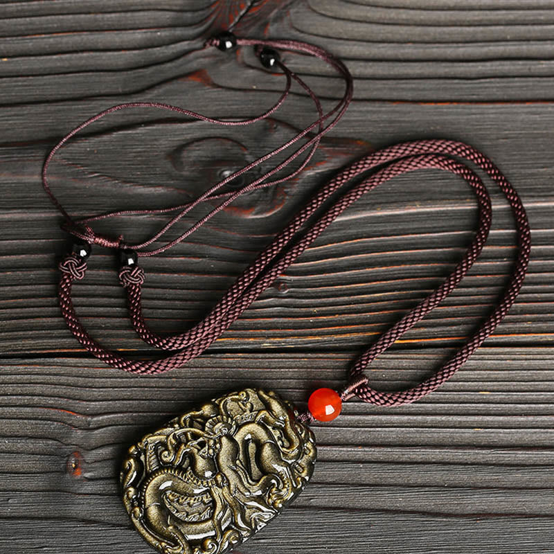 KarmaRipple's Gold Sheen Obsidian Dragon Pattern Success Pendant Necklace p3