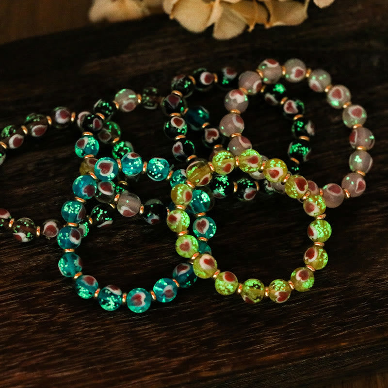 KarmaRipple's Gold Swallowing Beast Family Pink Love Heart Luminous Fluorescent Liuli Glass Bead Bracelet p21
