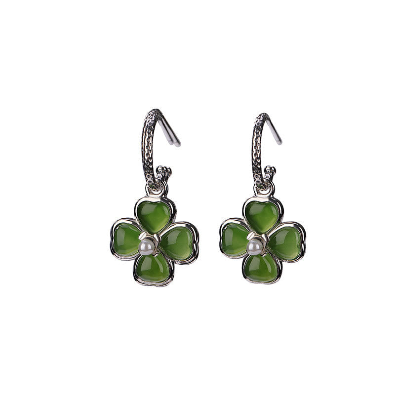 KarmaRipple's 925 Sterling Silver Authentic Cyan Jade Four Leaf Clover Fortune Success Earrings p9