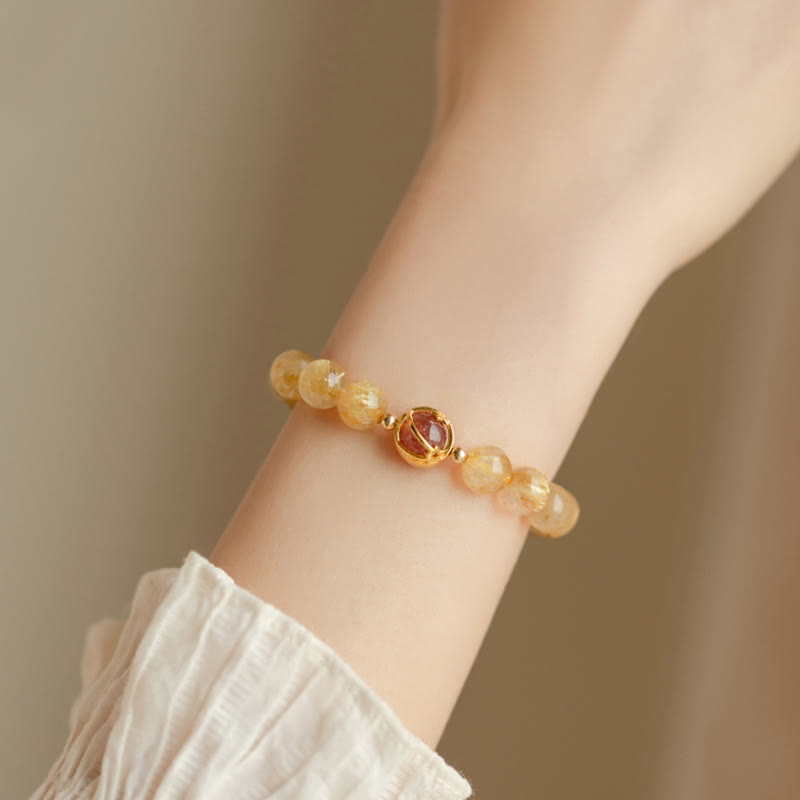 KarmaRipple's Golden Rutilated Quartz Strawberry Quartz Star Protection Bracelet p5