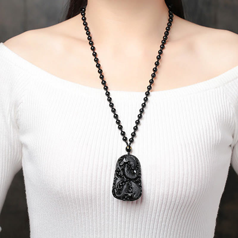 KarmaRipple's Black Obsidian Koi Fish Engraved Strength Beaded Pendant Necklace p19