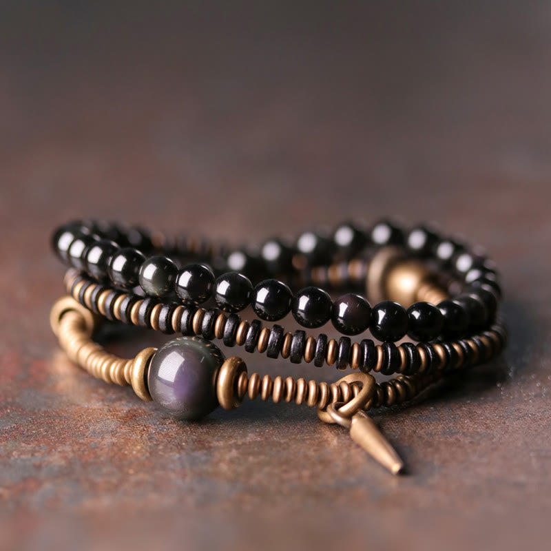 KarmaRipple's Rainbow Obsidian Ebony Wood Bronze Balancing Triple Wrap Bracelet p1