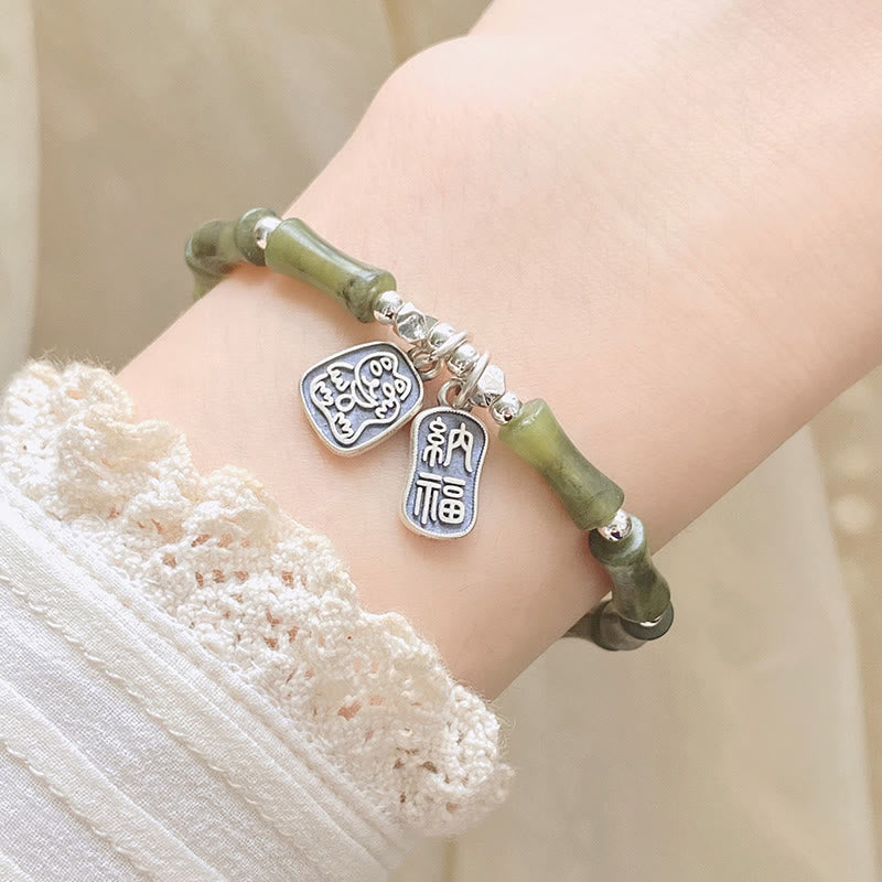 KarmaRipple's 925 Sterling Silver Bamboo Jade Fortunate Cat Fu Character Fortune Abundance Bracelet p9