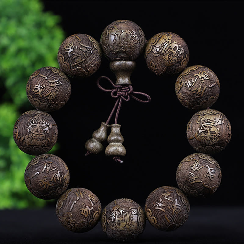 KarmaRipple's Chinese Zodiac Rosewood Ebony Boxwood Bronze Coin PiXiu Carved Warmth Bracelet p47