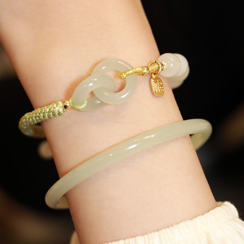 KarmaRipple's Authentic Hetian Jade Bead Double Peace Buckle Fu Character Abundance Woven Bracelet p7