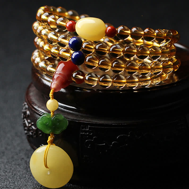 KarmaRipple's 108 Mala Beadwork Authentic Citrine Amber Peace Buckle Red Agate PiXiu Protection Talisman Bracelet p1