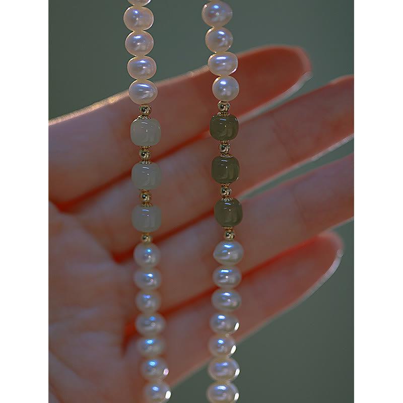 KarmaRipple's 14K Gold Plated Authentic Pearl Hetian Cyan Jade Ivory Jade Sincerity Bead Chain Bracelet p12