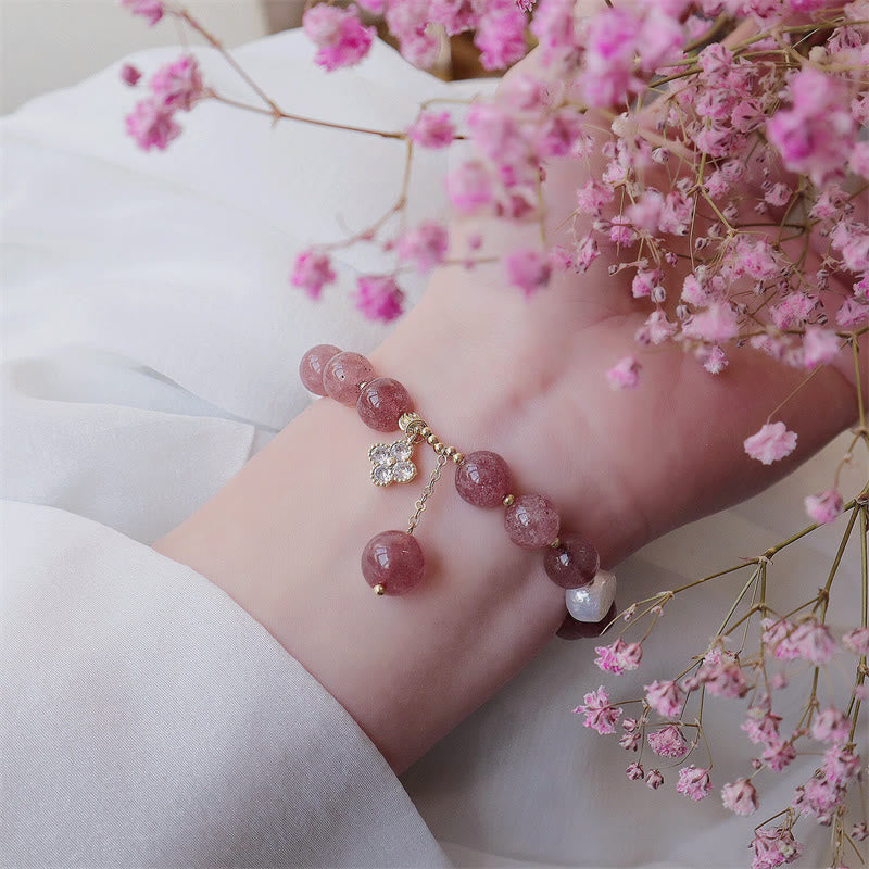 KarmaRipple's Authentic Strawberry Quartz Pearl Four Leaf Clover Love Bracelet p6