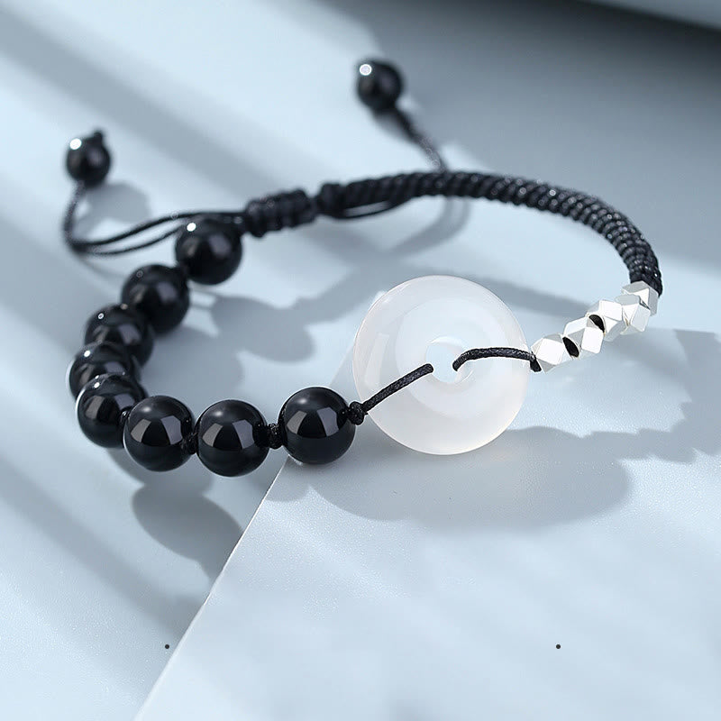 KarmaRipple's 925 Sterling Silver Black Obsidian Agate Peace Buckle Strength Bracelet p2