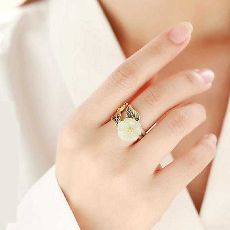 KarmaRipple's 925 Silver Plated Bronze Ivory Jade Plum Flower Leaf Fortune Ring p10