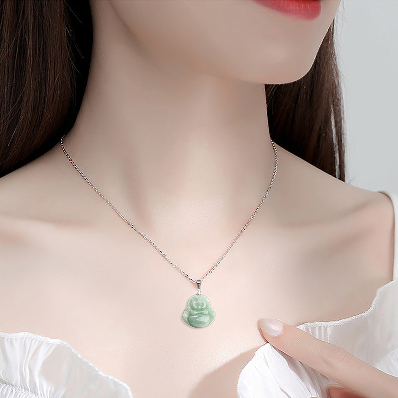 KarmaRipple's 925 Sterling Silver Laughing Buddha Jade Blessing Pendant Chain Necklace p3