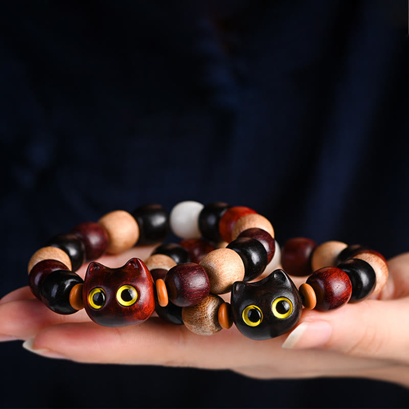 KarmaRipple's Small Leaf Red Sandalwood Ebony Wood Cute Cat Engraved Protection Bracelet p21
