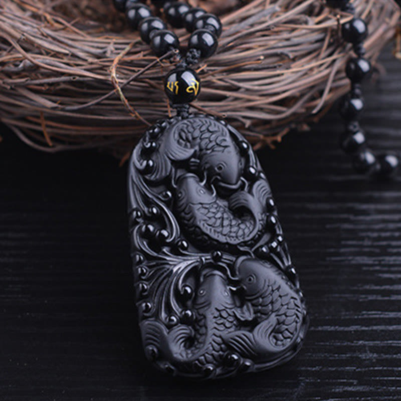 KarmaRipple's Black Obsidian Koi Fish Engraved Strength Beaded Pendant Necklace p12