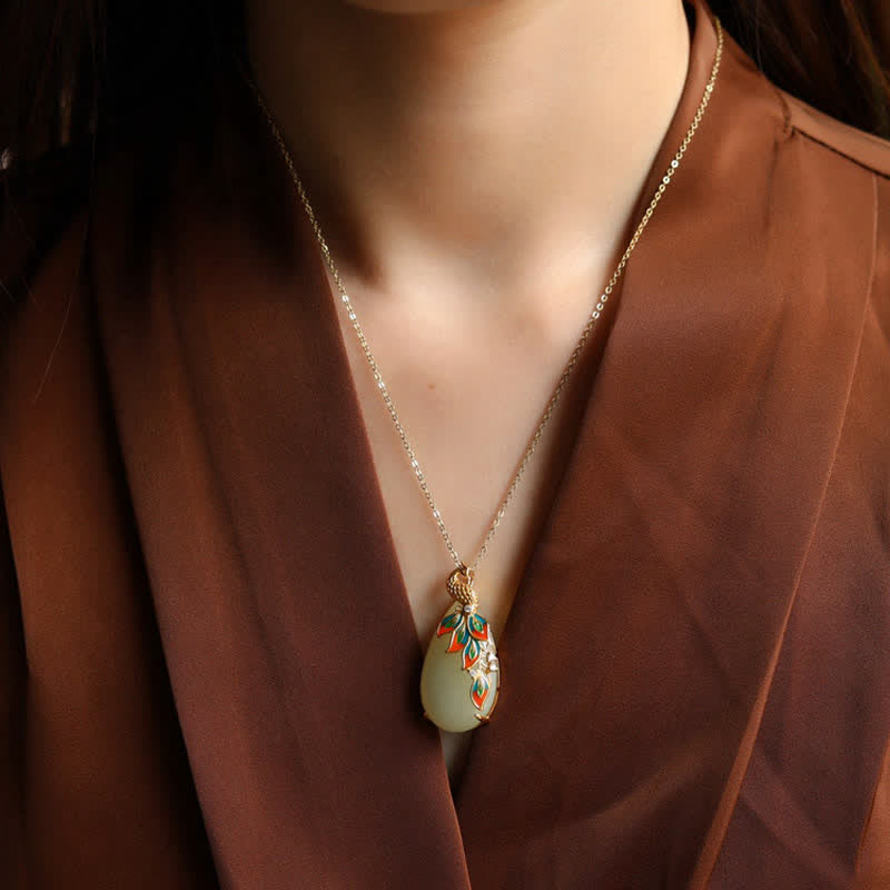 KarmaRipple's Ivory Jade Peacock Protection Pendant Chain Necklace p1