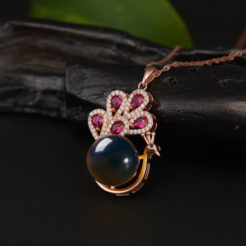 KarmaRipple's Peacock Amber Fortune Love Pendant Necklace Ring p12