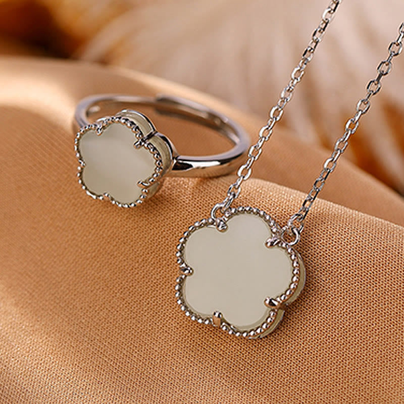 KarmaRipple's 925 Sterling Silver Plated Gold Authentic Hetian Jade Flower Fortune Pendant Necklace Ring Set p2