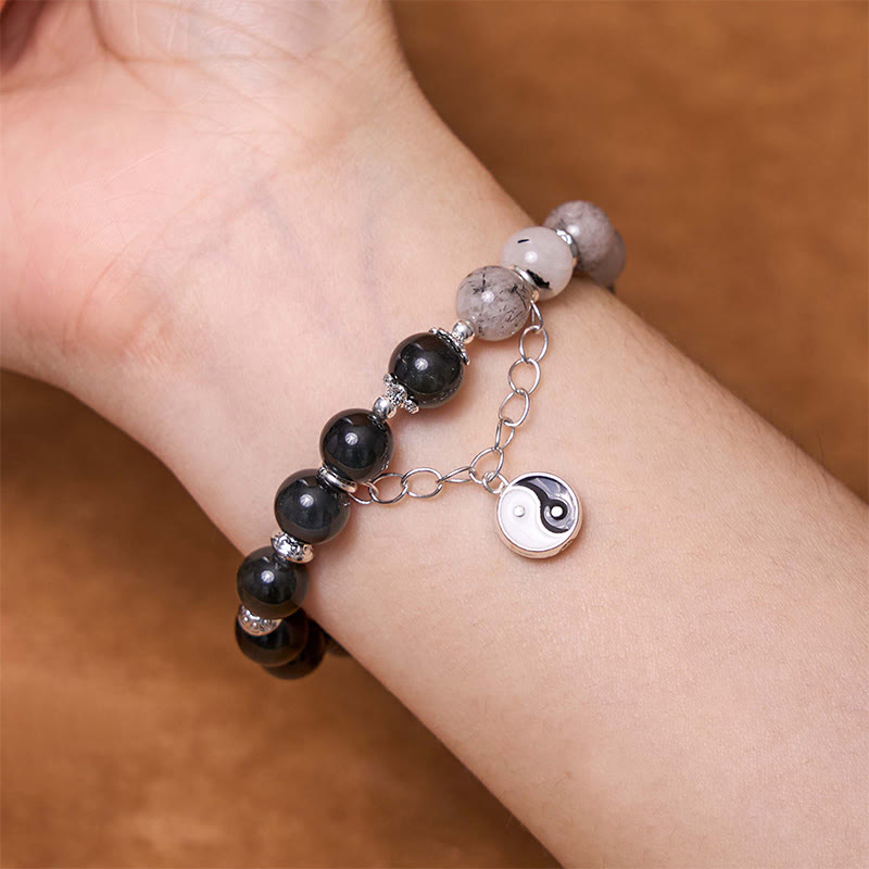 KarmaRipple's Silver Sheen Obsidian Crackle Clear Quartz Black Rutilated Quartz Yin Yang Lotus Protection Bracelet p17