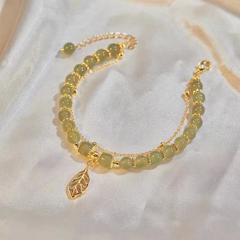 KarmaRipple's Jade Leaf Ginkgo Tulip Peanut Fu Character Fortune Beaded Bracelet p8