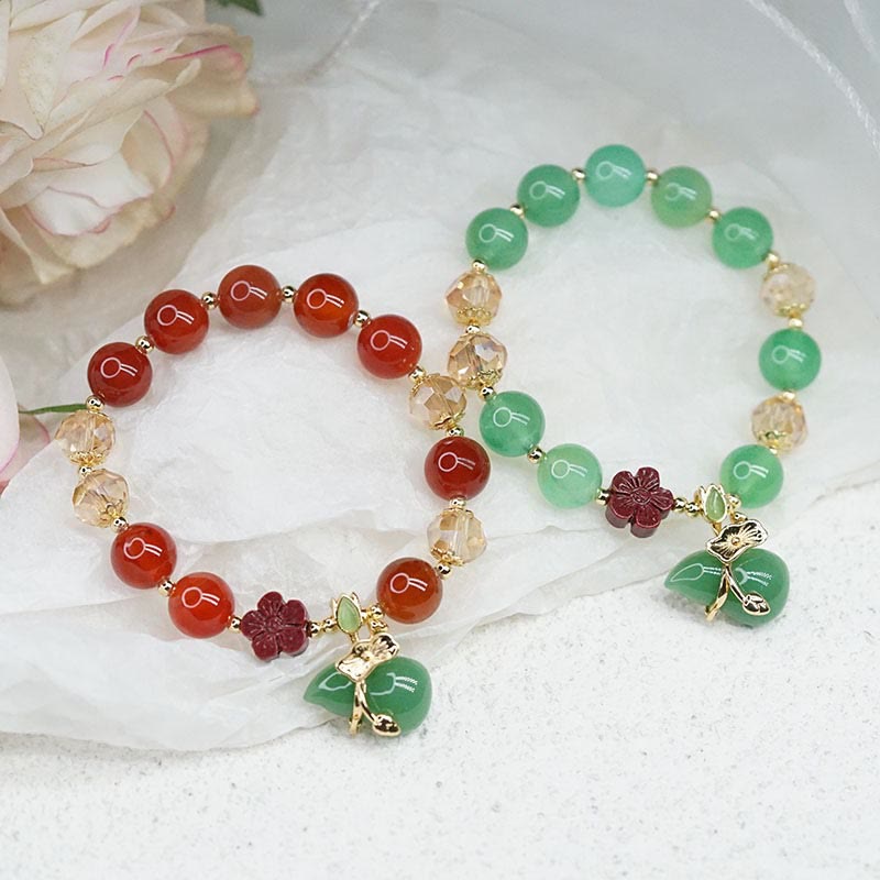 KarmaRipple's Authentic Red Agate Green Agate Gourd Cinnabar Flower Beadwork Confidence Bracelet p16