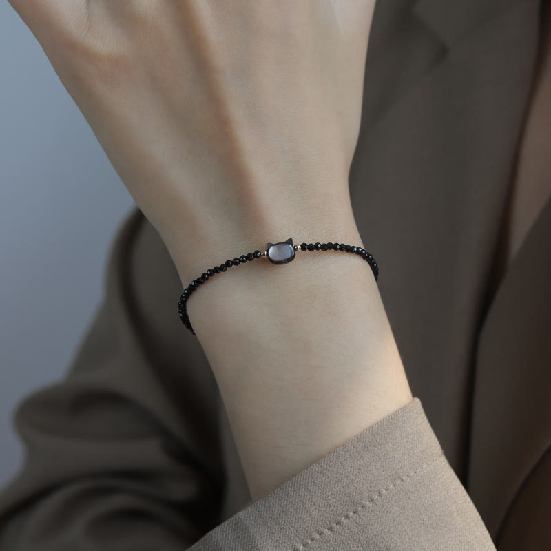 KarmaRipple's 14K Gold Plated Black Spinel Ivory Gemstone Cute Cat Tridacna Stone Balancing Bracelet p4
