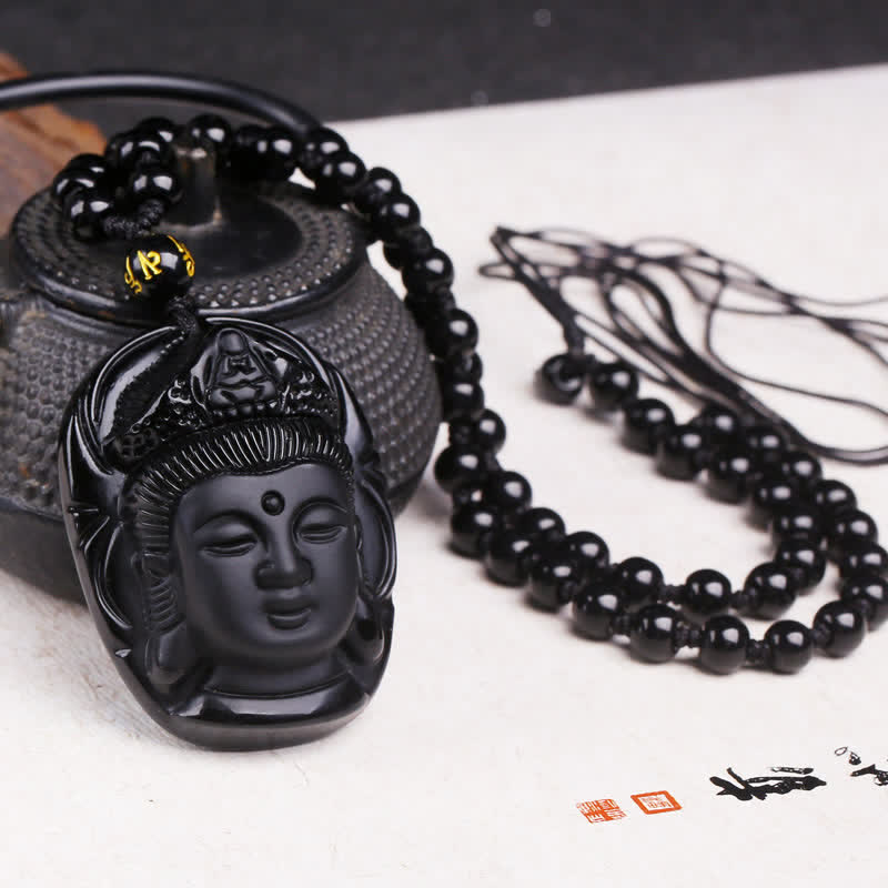 KarmaRipple's Authentic Black Obsidian Kwan Yin Avalokitesvara Strength String Pendant Necklace p1