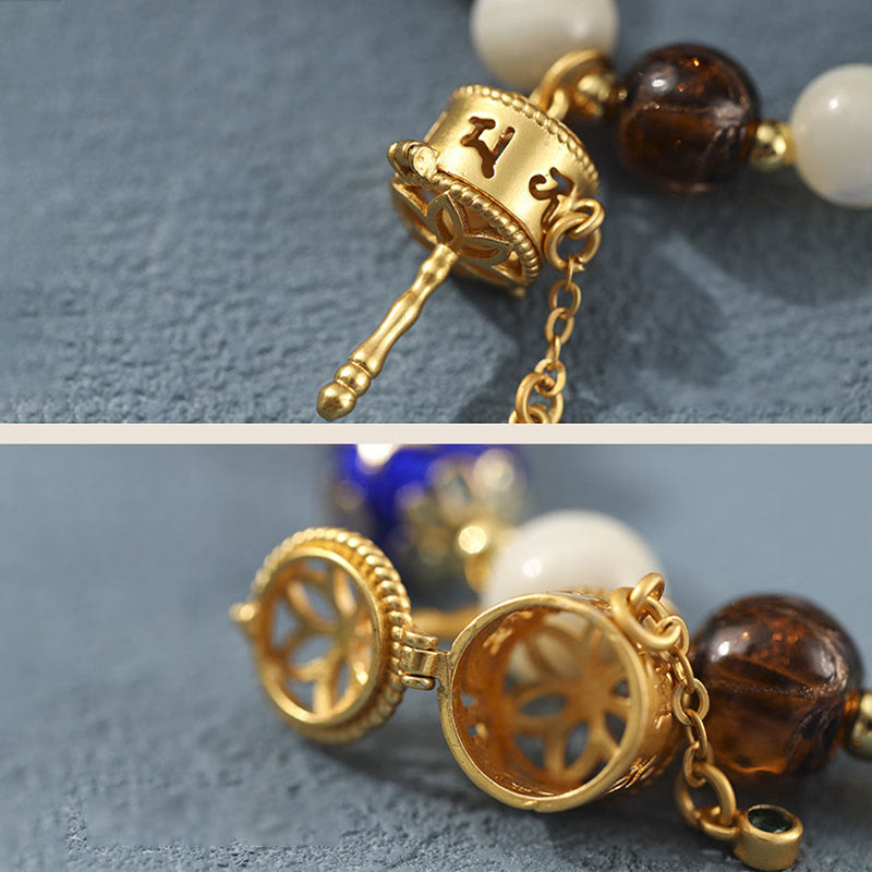 KarmaRipple's Tibetan Incense Ash Liuli Glass Tridacna Stone Sun Stone Om Mani Padme Hum Prayer Wheel Talisman Bracelet p7