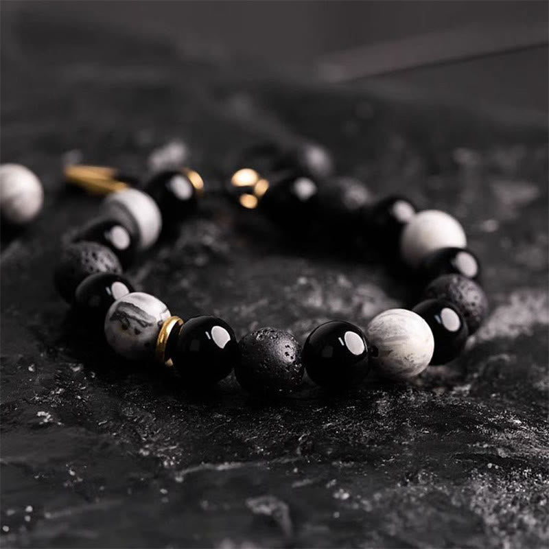 KarmaRipple's Black Obsidian Lava Rock Stone Yin Yang Strength Bracelet p3