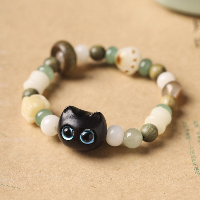 KarmaRipple's Bodhi Seed Green Sandalwood Ebony Wood Small Leaf Red Sandalwood Cat Head Paw Claw Peace Bracelet p20