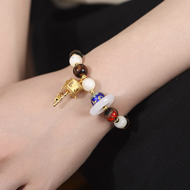 KarmaRipple's Tibetan Incense Ash Liuli Glass Tridacna Stone Sun Stone Om Mani Padme Hum Prayer Wheel Talisman Bracelet p6