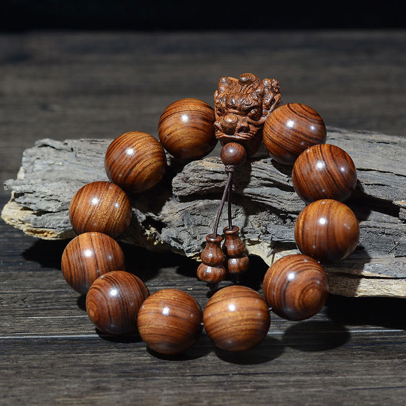 KarmaRipple's Rosewood Green Sandalwood Small Leaf Red Sandalwood Agarwood Dragon Carved Protection Bracelet p19