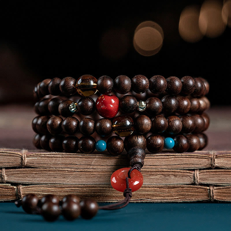 KarmaRipple's 108 Mala Beadwork Kalimantan Agarwood Laughing Buddha Peace Buckle Red Agate Jade Strength Bracelet p1
