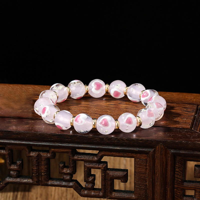 KarmaRipple's Gold Swallowing Beast Family Pink Love Heart Luminous Fluorescent Liuli Glass Bead Bracelet p34