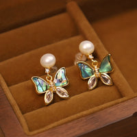 KarmaRipple's 18K Gold Plated Bronze Authentic Shell Pearl Butterfly Sincerity Stud Earrings
