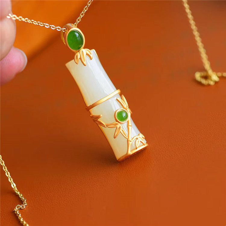 KarmaRipple's Ivory Jade Cyan Jade Bamboo Protection Pendant Necklace p7