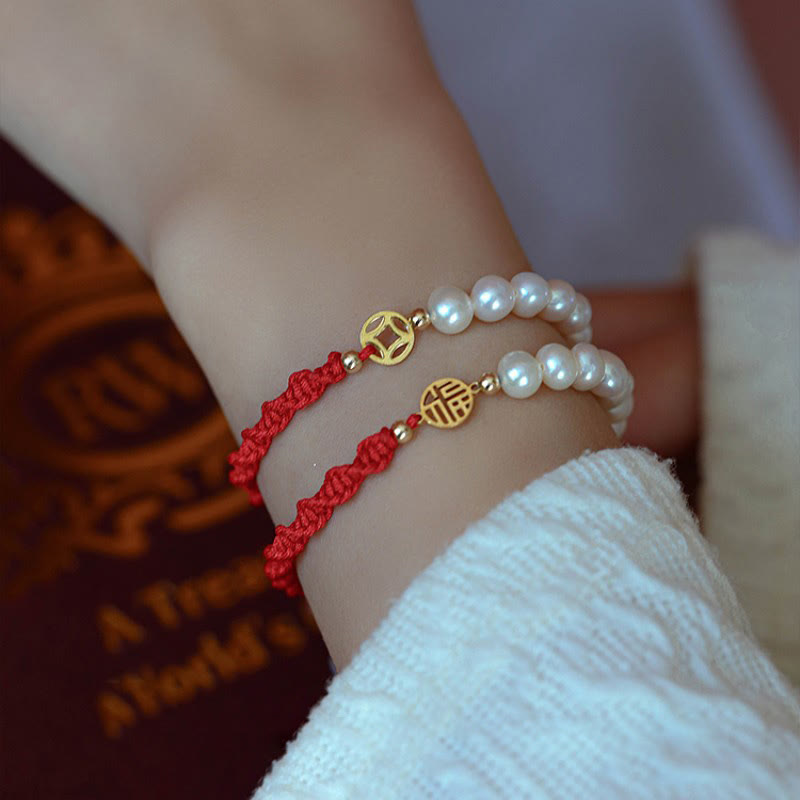 KarmaRipple's 14K Gold Plated Pearl Bead Fortune Protection Braid Red String Bracelet p6