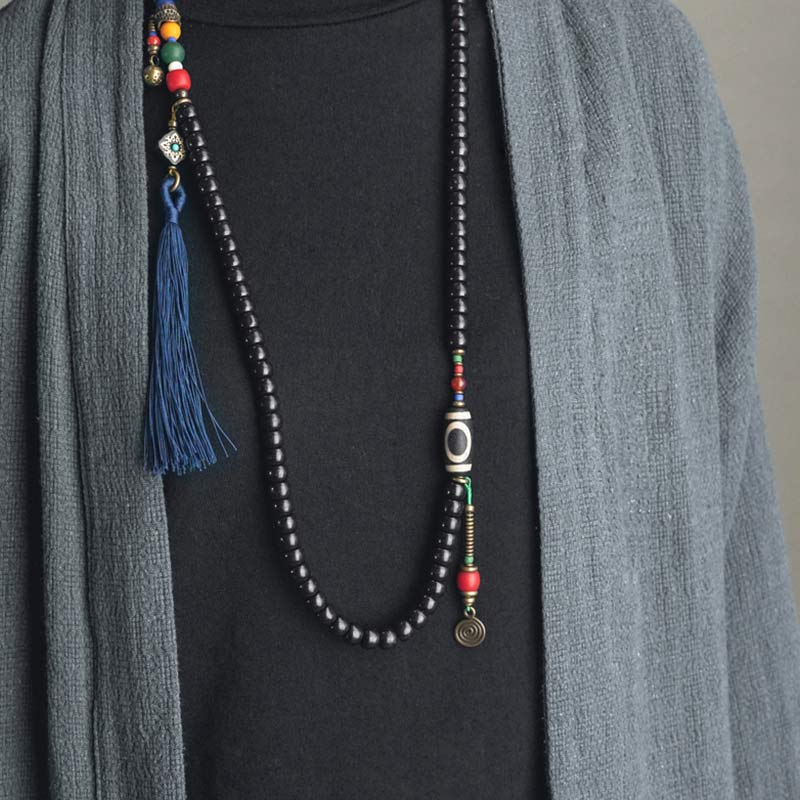 KarmaRipple's 108 Beadwork Mala Ebony Wood Dzi Bead Bronze Balance Tassel Bracelet p5