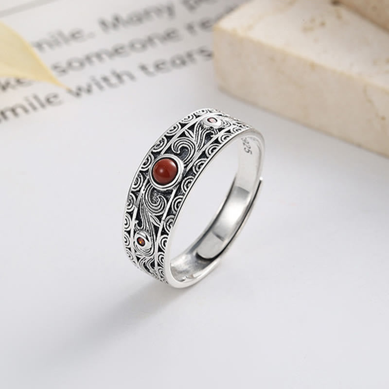 KarmaRipple's 925 Sterling Silver Embedded Red Agate Auspicious Clouds Logical Thinking Ring p3