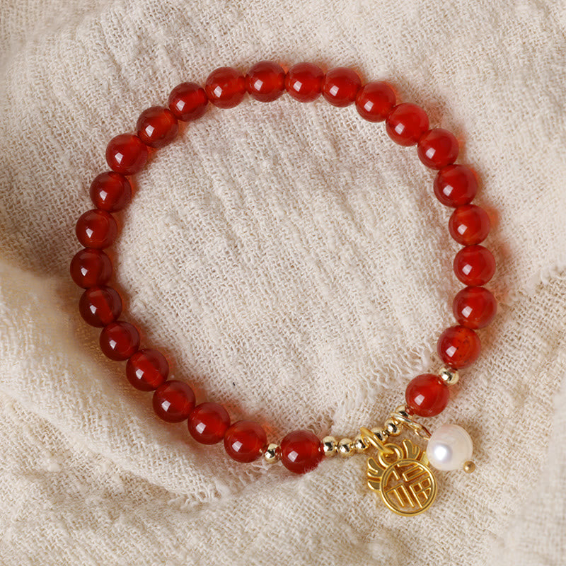 KarmaRipple's Year of the Dragon Red Agate Jade Peace Buckle Fu Character Success Bracelet ( p23