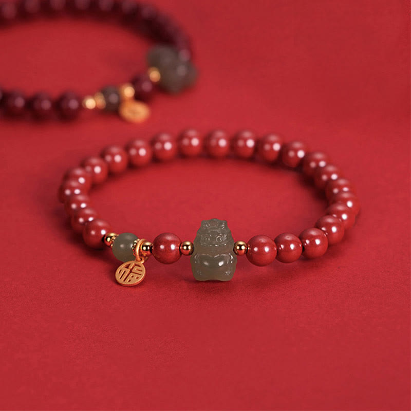 KarmaRipple's 925 Sterling Silver Year of the Dragon Authentic Cinnabar Hetian Jade Dragon Fu Character Ruyi As one'shes Talisman Blessing Bracelet p1