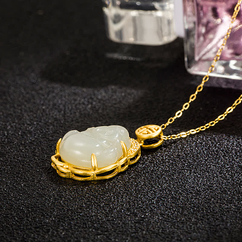 KarmaRipple's 925 Sterling Silver Laughing Buddha Hetian Ivory Jade Protection Pendant Necklace p4