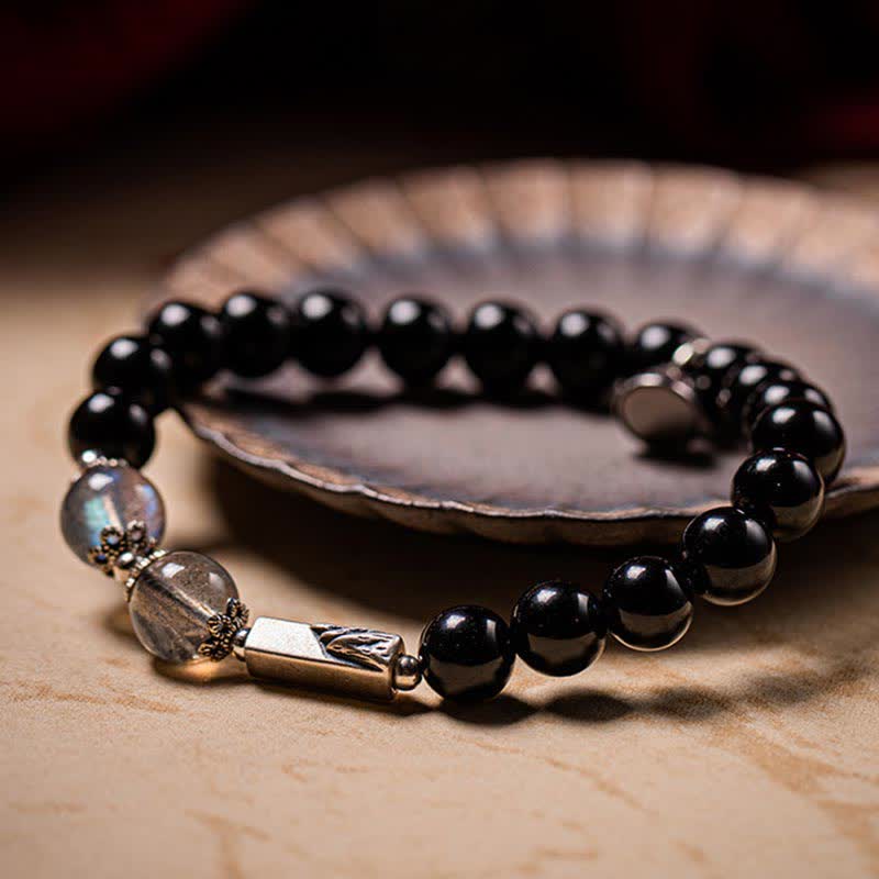 KarmaRipple's 925 Sterling Silver Obsidian Moonstone Strength Pair Bracelet p3