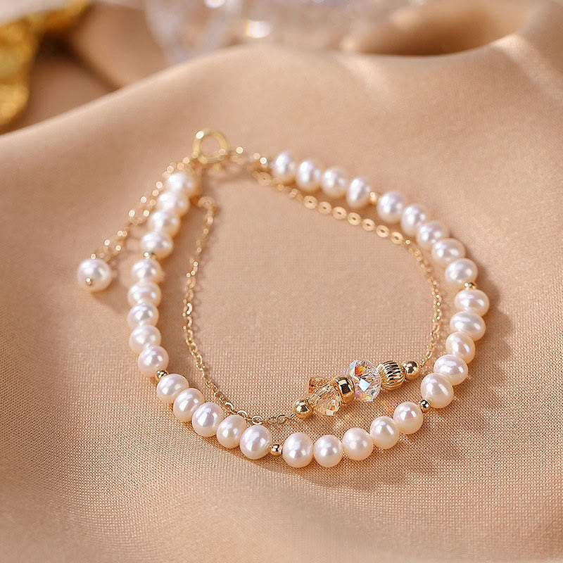 KarmaRipple's 925 Sterling Silver 14K Gold Plated Authentic Pearl Gemstone Balancing Double Layer Bracelet p3