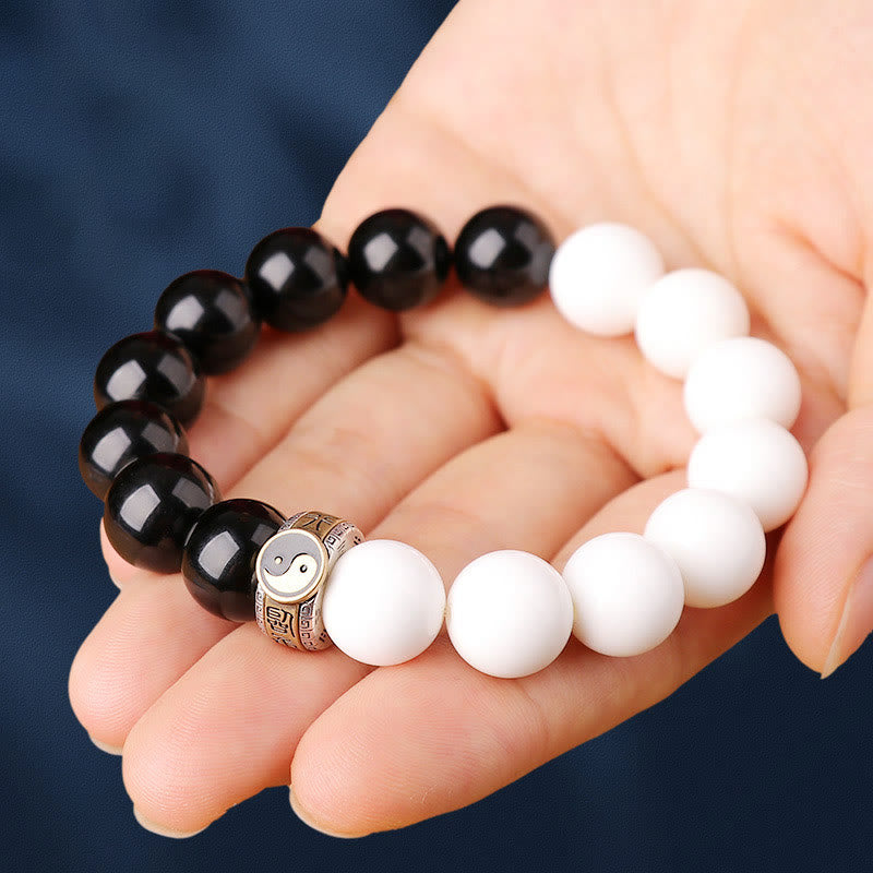 KarmaRipple's 925 Sterling Silver Black Obsidian Ivory Shell Yin Yang Strength Bracelet p1