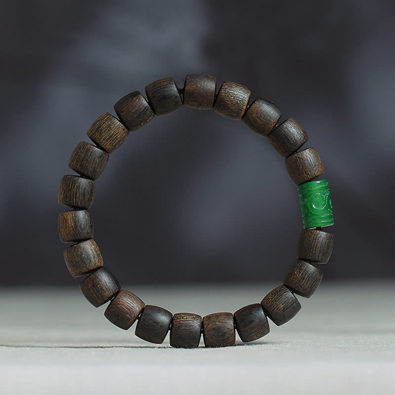 KarmaRipple's Nha Trang Rare Bai Qinan Agarwood Cyan Jade Red Agate Laughing Buddha Tibetan Bone Strength Meditation Bracelet p1